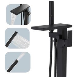 Hoimpro Tub Filler Freestanding Bathtub Faucet Matte Black Floor Mount Tub Faucet Waterfall Free Standing Bathtub Filler High Flow Brass Bath Shower F