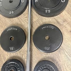  BRAND NEW:  7 ft Standard Bar With VINTAGE Cast Iron Weight Plates: 50s,25s, 10s,  And 5s. (Total: 205 lbs)  