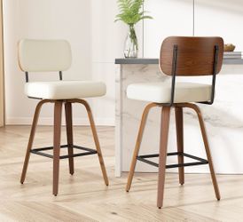 New in box-Swivel Bar Stools Set of 2, 26" Upholstered Faux Leather Counter Height Barstools with Walnut Back & Bentwood Legs, Mid Century Modern Bar 