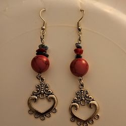 Heart Chandelier Red Turquoise Earrings 