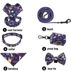 Pet supplies - harness, leash, poop bag, collar, bandana, and bow tie!