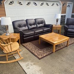 Beautiful Full Living Room Set Leather Couch And Recliner Lamps And Tables