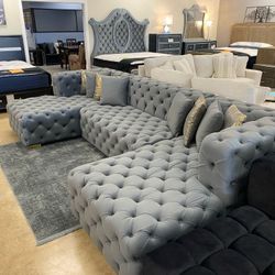 Neva Gray Velvet Double Chaise Sectional, Seccional, Oversized Couch// Delivery Available 