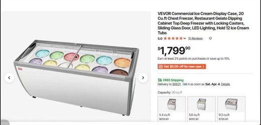 VEVOR Commercial Ice Cream Display Case, 20 Cu.ft Chest Freezer, Mobile Glass Top Deep Freezer, Restaurant Gelato Dipping Cabinet with 12 Large Tubs,