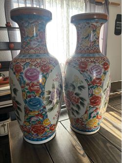 Pair of Large Chinese Porcelain Floral Vases