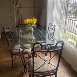 Beautiful Glass and metal framed table + chairs and wine rack and shelves
