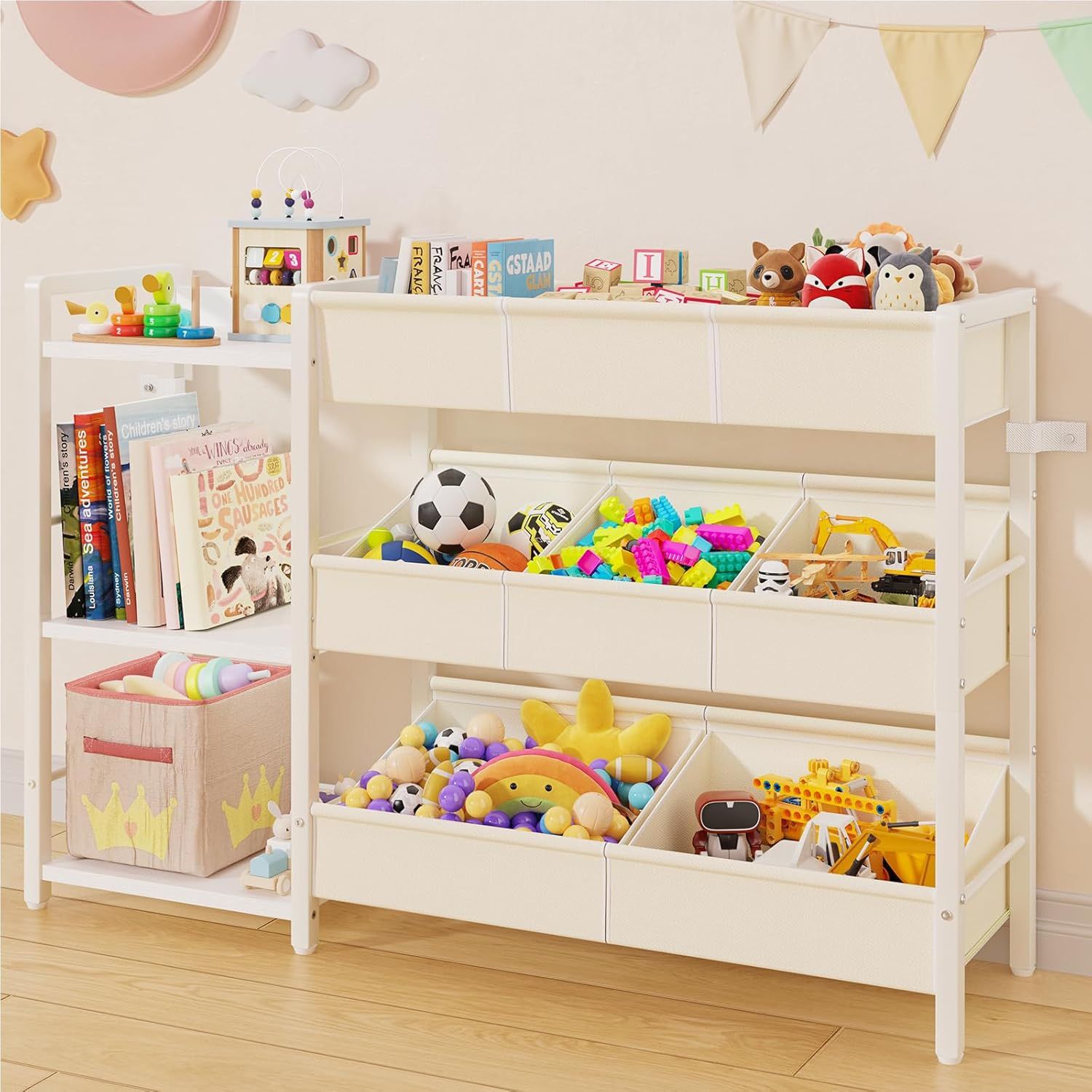 B7 Toy Storage Organizer with 3-Tier Wooden Shelves