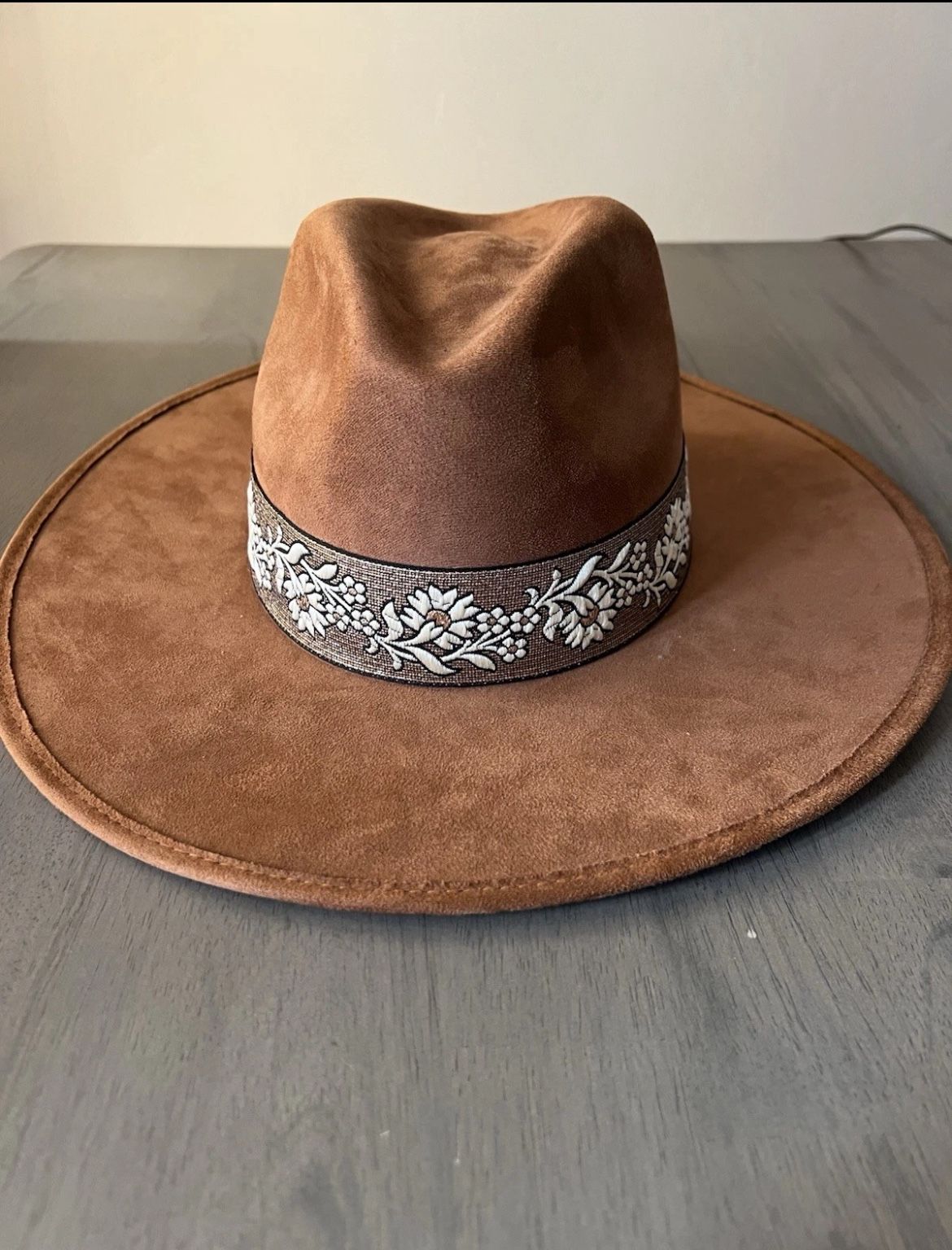 Hat N’ Roses Handmade Vegan Suede Boater Sofia Sepia Brown Storage Bag Included