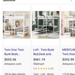 MERITLINE Twin Over Twin Bunk Bed, Convertible Dorm Loft Bed with Desk and Storage Drawers