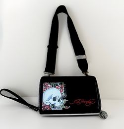 Ed Hardy Black Crossbody Wallet Purse Skull & Red Rose Artwork