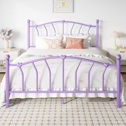 Full Size Metal Bed Frame, Heart-Shaped Design, Purple 14 Inch Iron-Art Plarform Bed with Headboard/Footboard, Under Bed Storage, Noise Free, No Box S