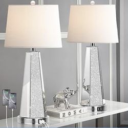 Hamucd Set of 2 Mirrored Glass Bedside Table Lamps for Bedrooms with 2 USB Ports Chrome Modern Silver Living Room Lamps for End Tables Glam Comtempory