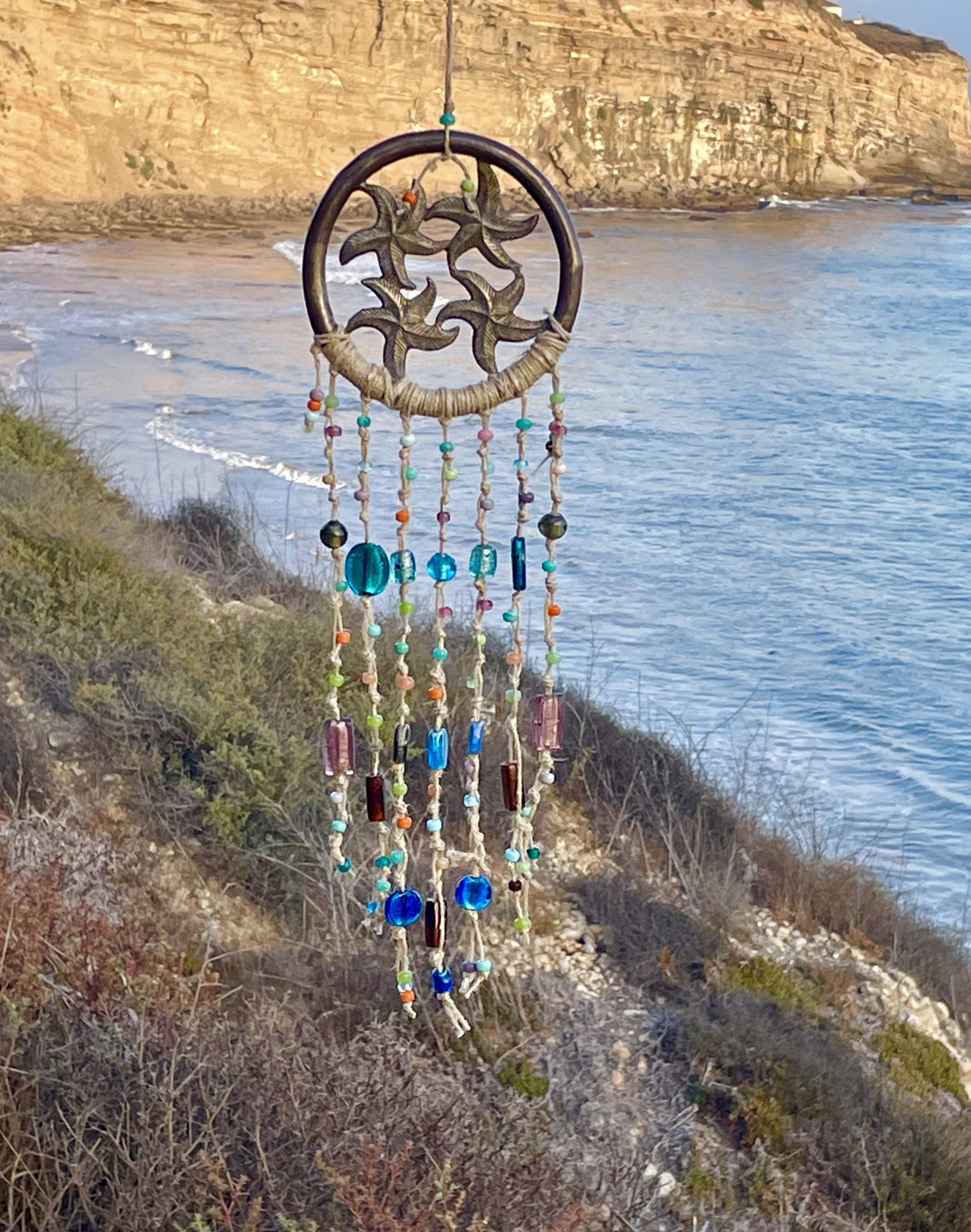 Sea Star Rustic Wind Chime Sun Catcher Mobile With Foiled Glass & Beads