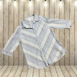 Chicos Button Down Tunic 100% Linen Size 1 Women’s Blue Yellow 1/4 Sleeve Stripe