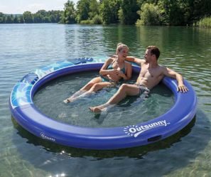 Outsunny 8FT Inflatable Water Hammock Floating Ring, Inflatable Floating Dock Platform for for Lakes, Pools, Oceans, Blue