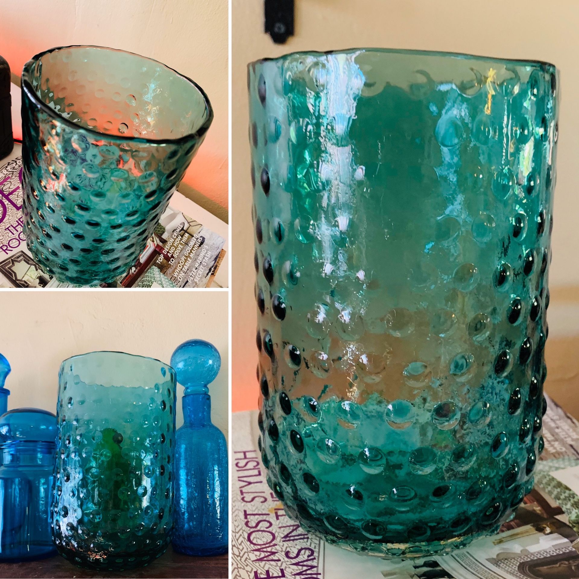 West Elm Large Heavy Glass Turquoise Hobnail Hurricane Vase for Sale in