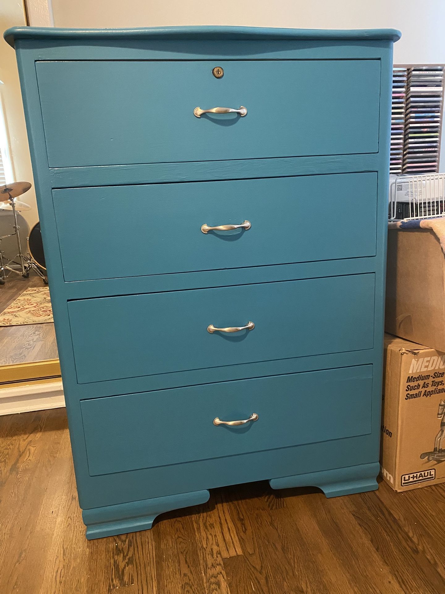 Wood Dresser- Refinished In A Coastal Blue/Teal Color! 4 Large Drawers That Are Lined With A Marble Look Paper! New Nickel Handles! Super Clean!