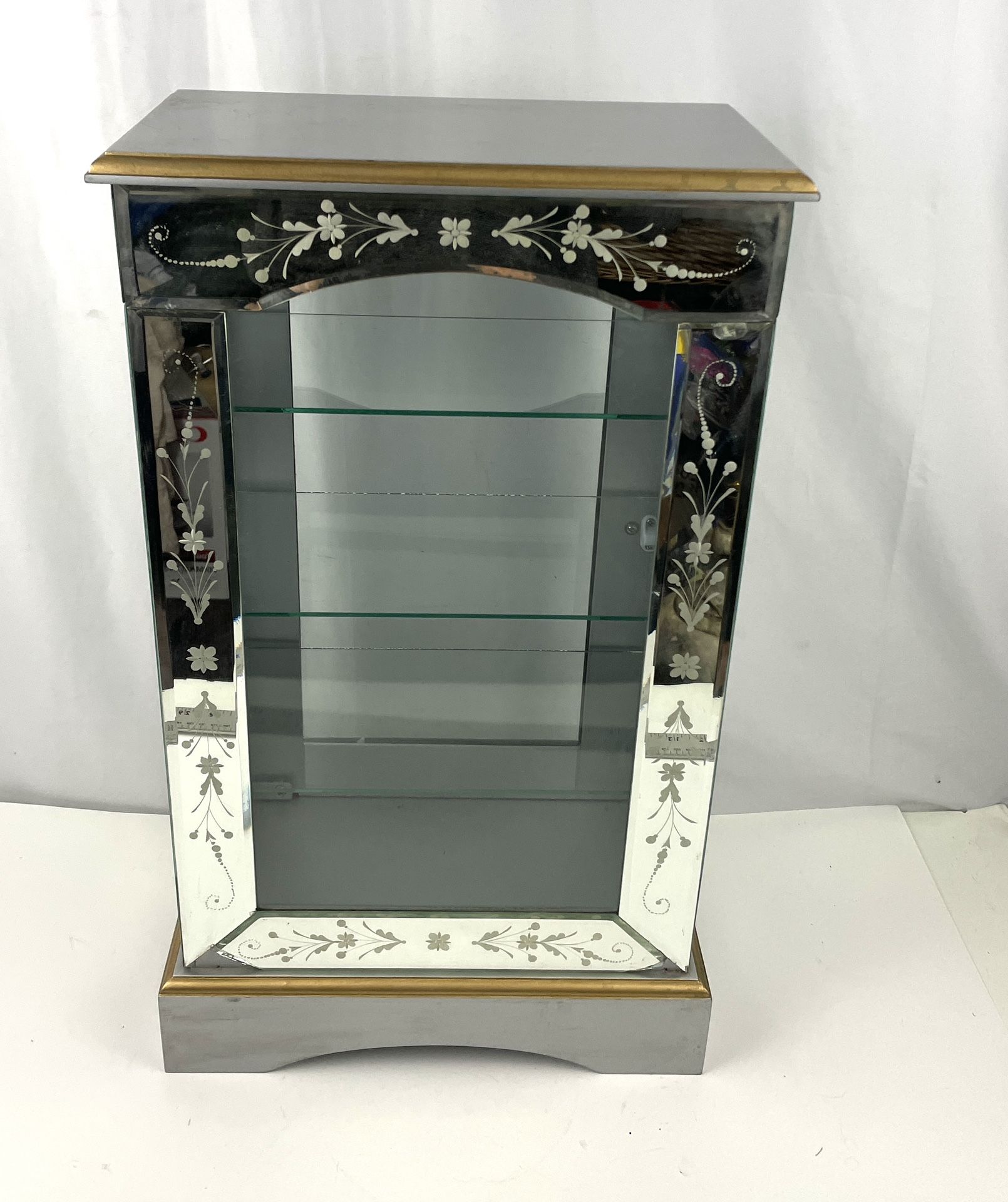 VTG 3 Tier Glass Mirror Curio Cabinet Shelf  22" Tall Floral Design Display 