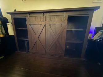 Rustic Farmhouse TV Stand  w/ Sliding Barn Doors (Dark Brown)