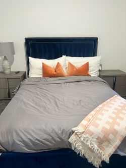 Blue velvet upholstered queen bed frame + mattress