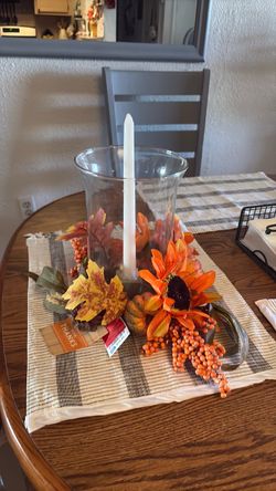 NEW, 10โ Glass, Fall Harvest Candle Centerpiece with Hurricane Vase