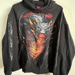 Spriral Dragon Hoodie Mens L Black 90S Flames Y2K Cyber Punk Goth Sweatshirt Vtg
