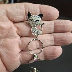Iridescent "Aurora Borealis" Crystals Rhinestone Cat Brooch With Dangling Rings