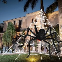 Giant Spider With 3 Meters  Web 9ft Halloween Decorations Stretch Cobweb Fake Spider for Indoor/Outdoor Yard Decorations 