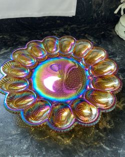 Vintage INDIANA GLASS “Amber Hobnail Carnival Glass Deviled Egg Platter”