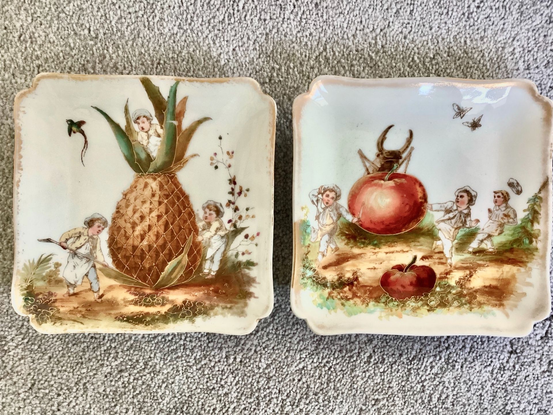 2 Antique CFH GDM 7” Decorative Plates Oversized Fruit Limoges Pineapple + Tomato