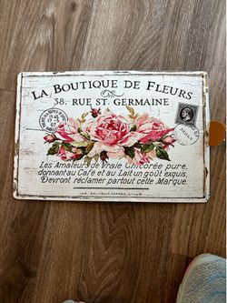 8”x11” metal wall sign with pink flowers and lettering