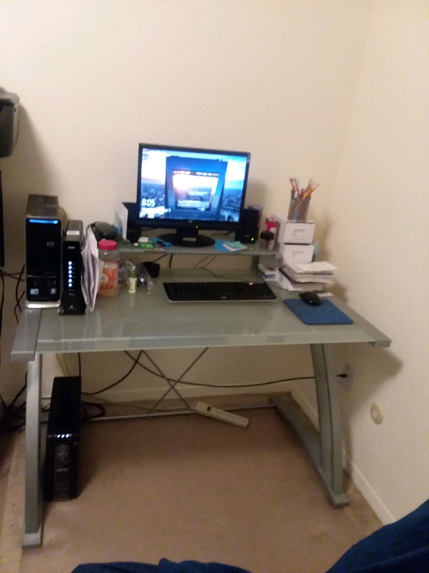 glass desk with small hutch