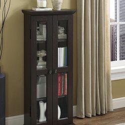 Walker Edison 4 Tier Shelf Living Room Storage Tall Bookshelf Cabinet Doors Home Office Tower Media Organizer, 41 Inch, Espresso