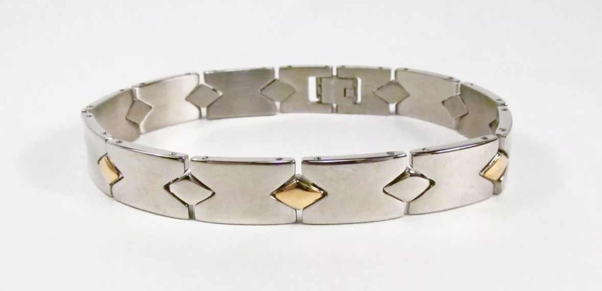 Modern Stainless Steel 14K Yellow Gold Link Bracelet 8.5"