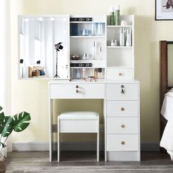 White Vanity Desk with Lighted Mirror