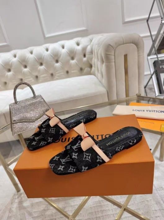 LV Bow Flat Heel Slippers Denim Black
