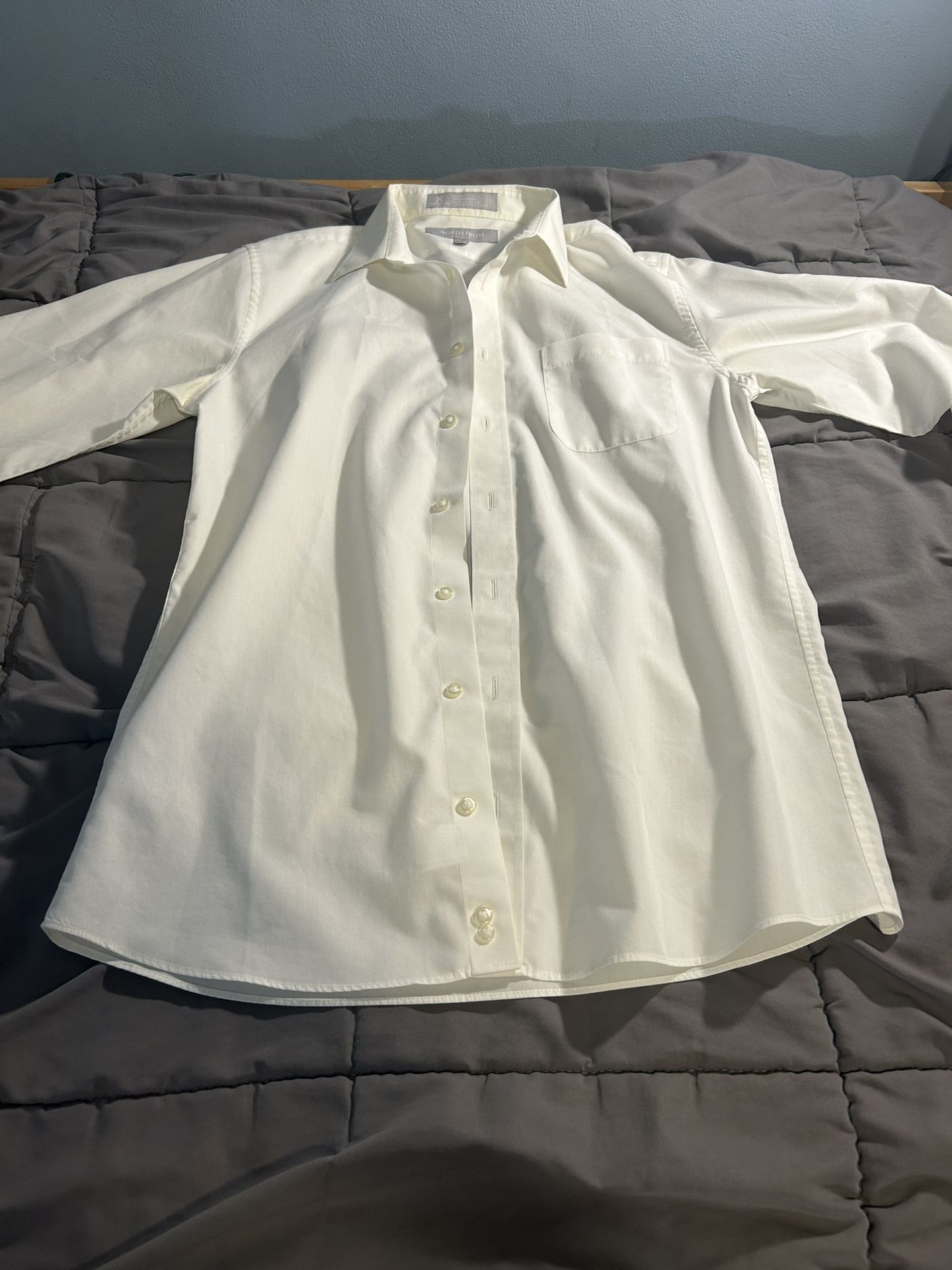 Nordstrom Men’s Dress Shirt 18 Youth Wrinkle-Free White Button-Up 100% Cotton