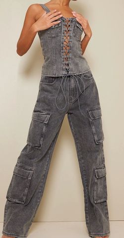 Pretty Little Thing Grey Acid Wash Cargo Pocket Detail Slim Wide Leg Jeans