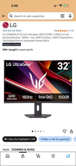LG 32G600A-B 32" Curved Gaming Monitor - 180Hz, QHD, Adjustable Stand