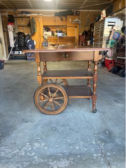 Vintage Colonial Wood Drop Leaf Rolling Bar Cart Tea Trolley Kitchen Table