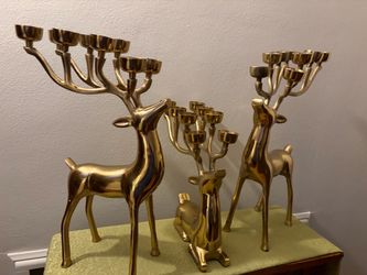 Large Cast Aluminum Brass Tone Deer Candelabra Set of 3