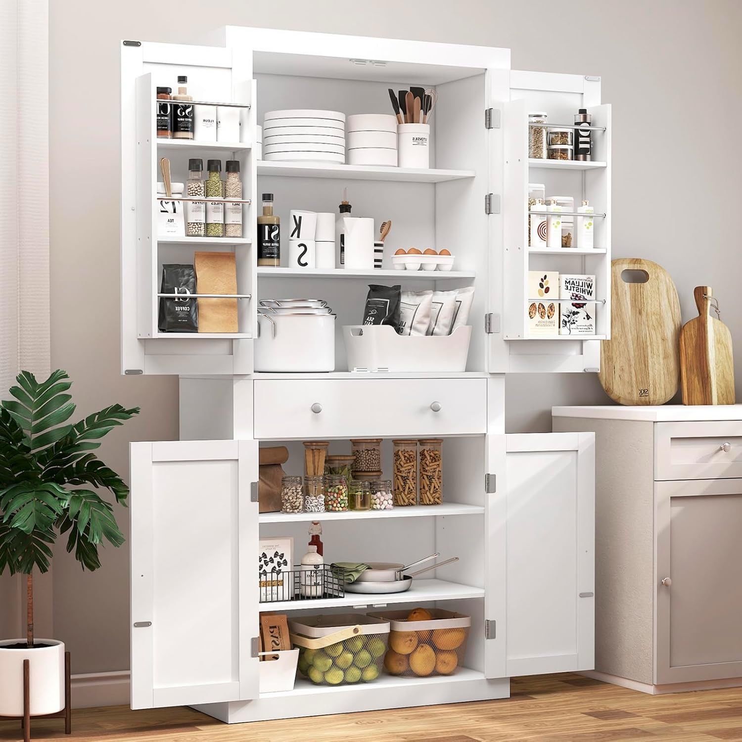 Pantry Cabinet, Tall Kitchen Storage Cabinet with 4 Doors and 1 Drawer, Cupboard with 6 Hanging Shelves and Adjustable Shelves for Kitchen