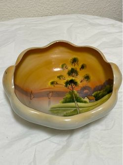 Vintage Hand-Painted Japanese Porcelain Bowl – "Tree in the Meadow" Sunset Scene (S.Y. Japan Mark)
