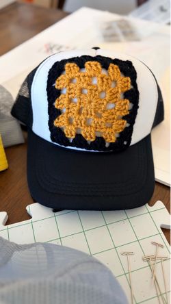 Black and White Trucker Cap with Crochet Patch