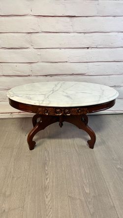Vintage 1940's 50's Marble Top Oval Mahogany Coffee Table