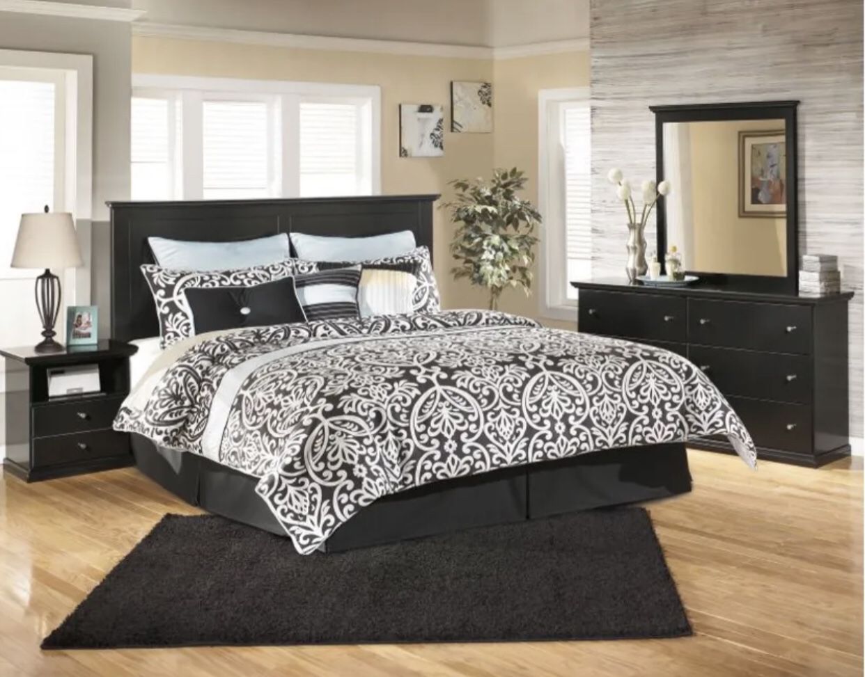 King bed frame with nightstand and dresser