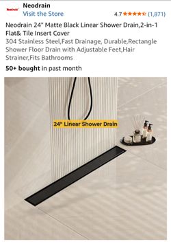 24" Matte Black Linear Shower Drain,2-in-1 Flat& Tile Insert