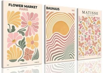 Pink and Yellow Boho Flower Market Canvas Wall Art Set of 3 16x24 Framed