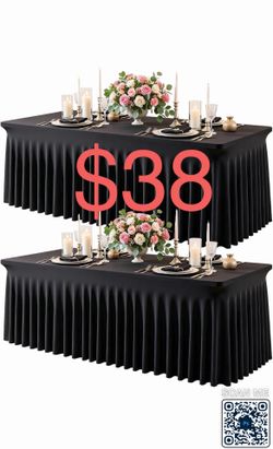 2 Pack Black Spandex Tablecloth for 6FT Rectangle Tables, Fitted Stretch Table Cover with Skirt, Wrinkle Free Washable Elastic Table Cloth for 6 Foot 