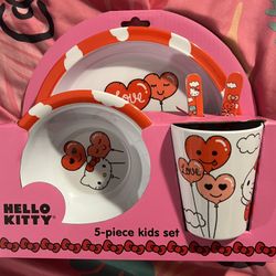hello kitty 5 piece kids plates, utensils & cup